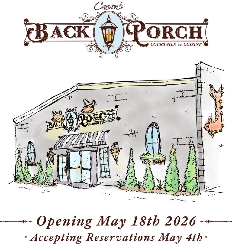 Illustrated storefront for Back Porch Cocktails & Cuisine with lamp sign, opening date May 18th, 2026, decorative porch motif