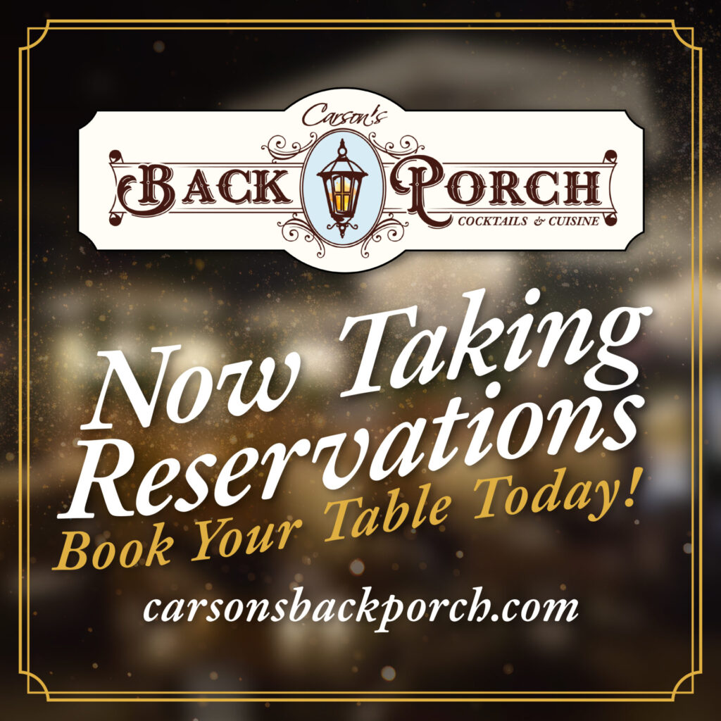 Vintage-style poster for Carson's Black Porch with lantern logo and 'Now Taking Reservations' message; ornate gold border and warm bokeh background.
