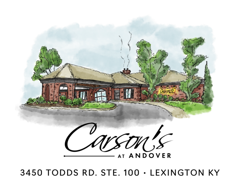 Watercolor illustration of a brick building with a curved driveway, trees, and a sign reading 'Carson's' under a cloudy sky (restaurant exterior).