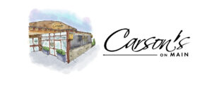 Watercolor illustration of Carson's on Main storefront with its handwritten logo to the right.