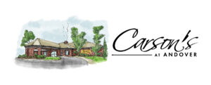 Watercolor-style illustration of Carson's at Andover storefront with a red brick building and green trees.",