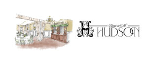 Illustrated event space interior with a bar and seating, beside the 'Events at the Hudson' logo.